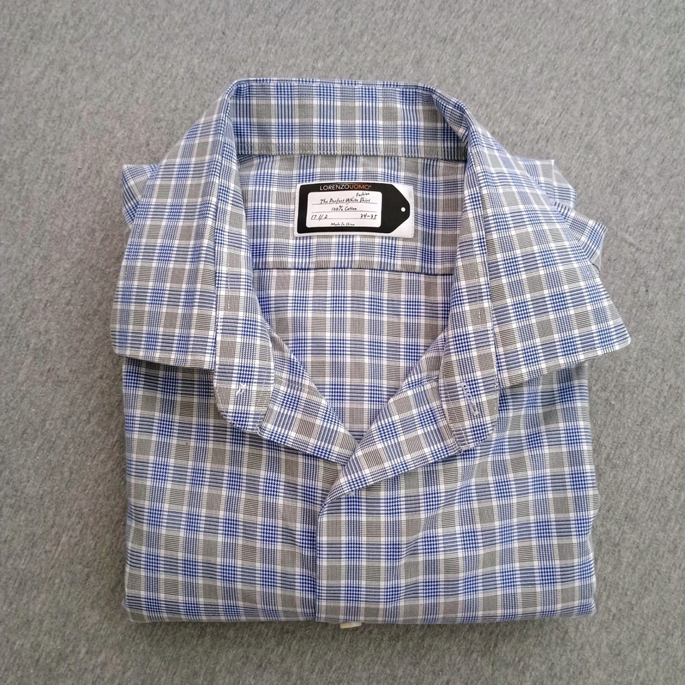 Lorenzo Uomo Mens Plaid Dress Shirt Blue Grey 100% Cotton 17.5 34/35